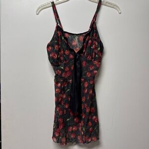 Black Cherry Print lingerie top with Tie Front